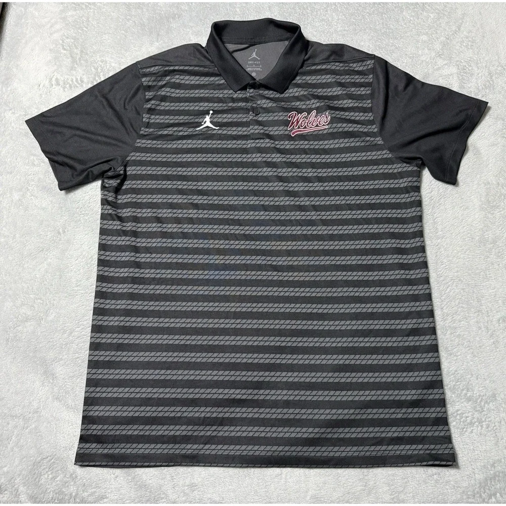 Jordan Polo Wolves Mens Large Black Gray Striped Dri-FIT Shirt